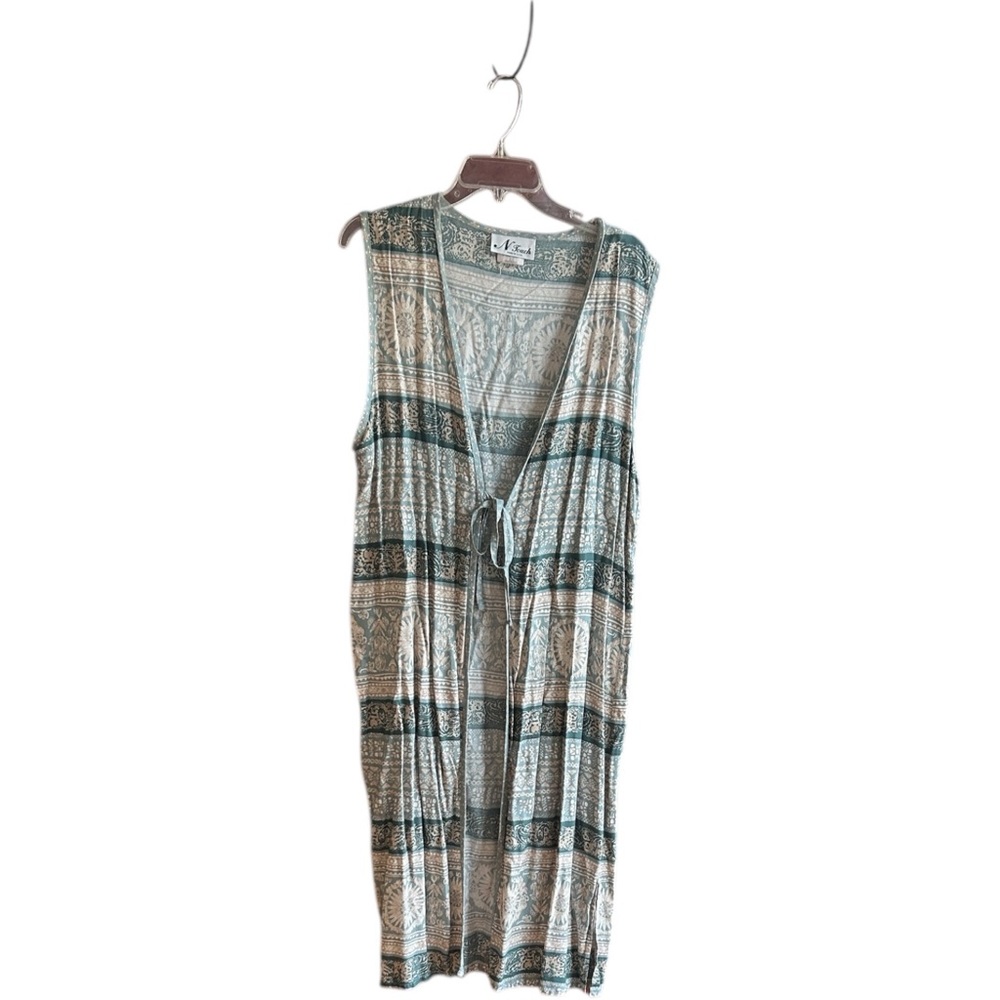 N Touch vintage celery green rayon sleeveless duster with tie Sz L